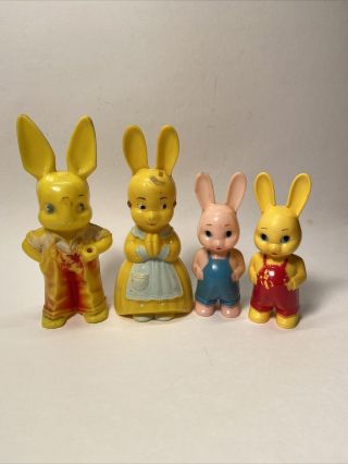 Vintage Knickerbocker Hard Plastic Easter Bunny Family Rattles Papa Mama &2 Sons