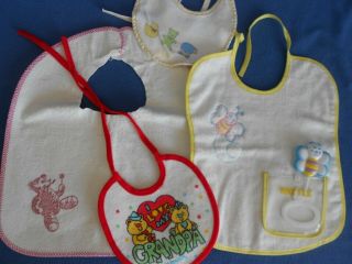 4 Vintage Baby Bibs,  Playskool Terry 1 Embroidered With Toy Rattle 2 Rubber Back