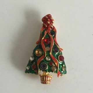 Vintage Signed Christopher Radko Christmas Tree Gem Enamel Brooch
