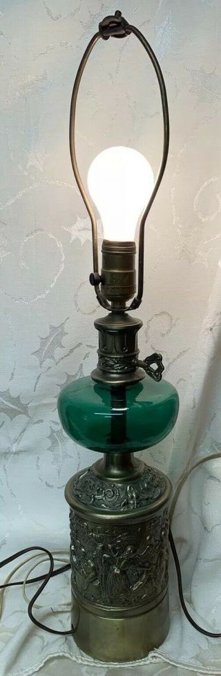 Vintage Engraved Brass And Emerald Glass Electric Table Lamp