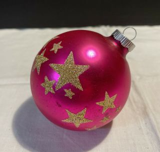 Vtg Shiny Brite Pink Christmas Ornament Stencil Mica Gold Stars 4” (a