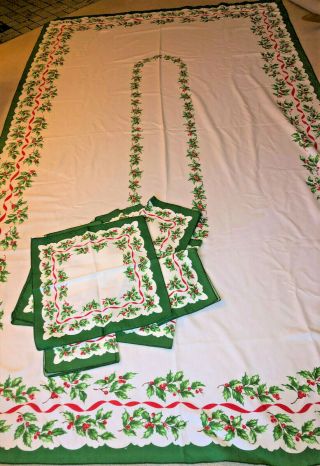 Vintage Red Green Holly Christmas Tablecloth 60 X 102 Inch With 12 Napkins