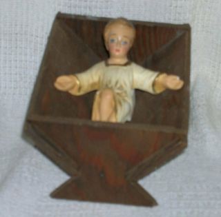Vintage Columbia Statuary Chalkware Plaster Nativity 4 " Baby Jesus & Wood Crib