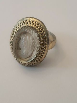 Vintage Signed Whiting and Davis Goldtone Glass Intaglio Cameo Ring Size 7 2