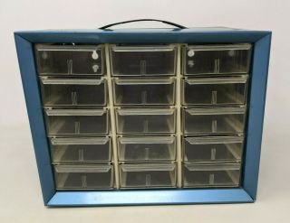 Vtg Akro - Mils Blue Metal 15 Drawer Small Parts Organizer Storage Bin Cabinet