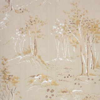 1950s Scenic Vintage Wallpaper Brown Tan White Trees On Gray Beige Floral Stripe