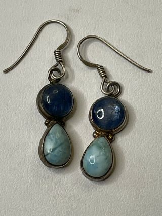 Vintage Blue Glass & Larimar Hook Earrings Sterling Silver