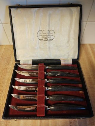 Vintage Lewis Rose Real Buffalo Horn Stainless Steak Knives,  Sheffield England