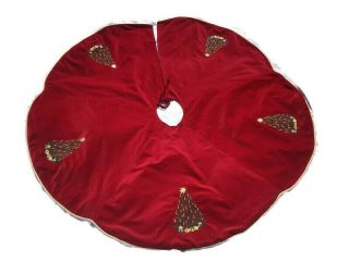 Vintage Red Velvet Christmas Tree Skirt Scalloped Embroidered Trees Presents 50 "