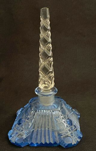 Vintage Bohemian Czech Art Deco Blue Crystal Cut Glass Perfume Bottle