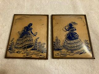 Vintage Pair (2) Reverse Painted Silhouette Pictures Convex Glass Framed