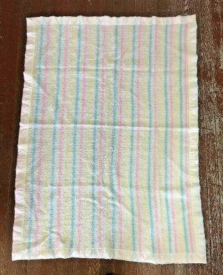Vintage Quiltex Open Waffle Weave Baby Blanket Nylon Binding Pastel Stripes