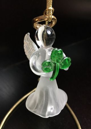 Vtg Frosted Glass Irish Angel Ornament Holding Shamrock Three Leaf Clover