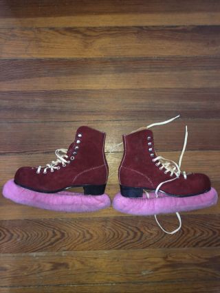 Vintage Girls Size 1.  5 - 2 Maroon/red Figure Ice Skates Canada Tempered Steel