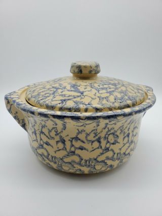 Vintage Roseville Usa Robinson Ransbottom Pottery Blue Spongeware Bowl & Lid