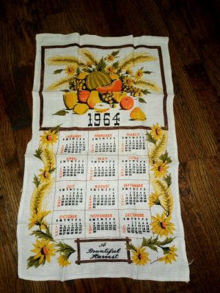 1964 Vintage Kitchen Tea Towel Cloth Printed Linen Calendar Bountiful Harvest