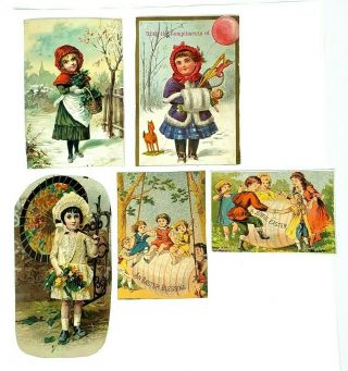 5 Antique Victorian Scrap 1880s Vintage Die Cut Boy Girl Children Easter Winter