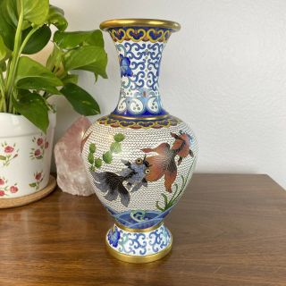 Vintage Cloisonne Vase 10 " Asian Goldfish Motif Gorgeous Underwater Floral