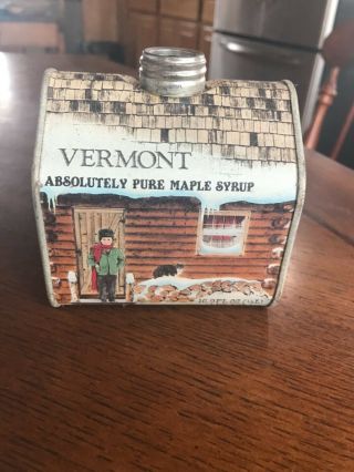 Vintage Tin 1984 Vermont Pure Maple Syrup 16.  9 Fl.  Oz Log Cabin Metal Can Empty