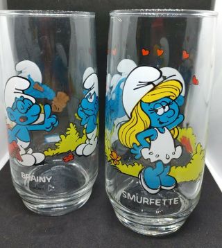 3 Vintage 1983 Peyo Smurfs Smurfette Jokey Grouchy Mcdonald Collector Glasses