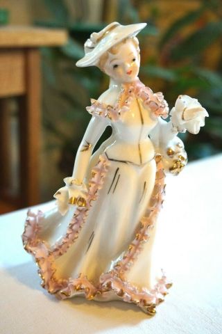 Vintage Porcelain Figurine Woman Lady With Pink Lace Ruffles With Gold Accent 6 "