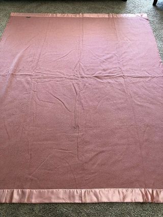 Vintage Harmony House Medium Weight Wool Blanket Satin Trim Pink 72x90 Twin Full