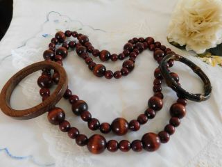 Vintage Wood Beaded Necklace And Bangle Bracelets,  Set Of 3