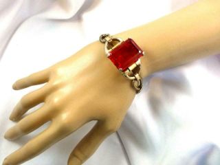 Vintage Art Deco Retro Serpentine Bracelet With Large Emerald Cut Ruby Red Stone
