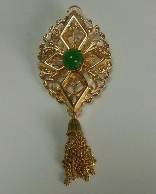 Vintage Signed Sarah Coventry Gold - Tone Green Cabochon Tassel Brooch