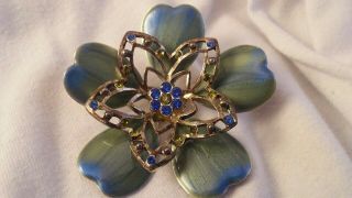 Vintage Metal Floral Flower Blue Green Enamel And Glass Rhinestone Brooch Pin