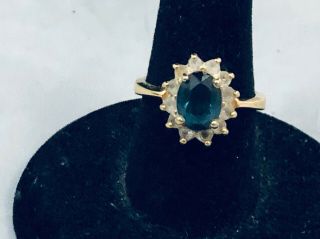Vtg.  Korea Gold Tone Blue Sapphire & Clear Rhinestone Ring