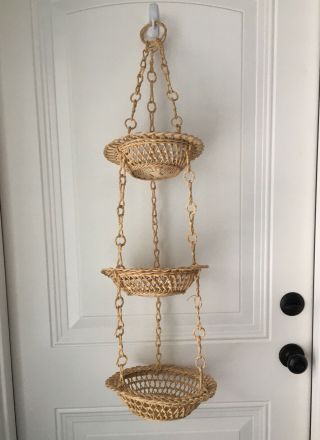 Vintage Boho Woven Straw 3 Tier Hanging Display Kitchen Fruit Basket Large
