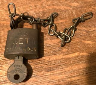 Vintage U.  S.  Set Eagle Lock - Key 106 - Solid Brass - Attached Chain - Con
