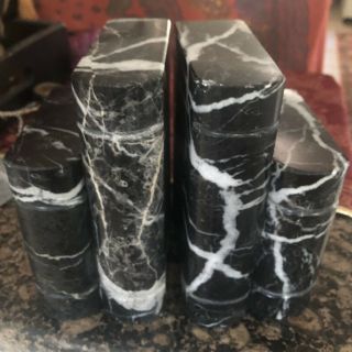 Vintage Black White Heavy Marble Book Shaped Bookends Book Ends Pair Stone Luxe