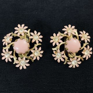 Vtg 1950’s Pink Enamel & Rhinestone Glass Cab Clipon Earrings Brass Rivets 1.  25”