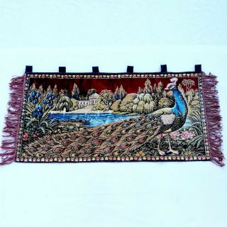 Vtg Velvet Peacock Tapestry Wall Hanging Rug Landscape P&c Italy 39 X 19 1/2 "
