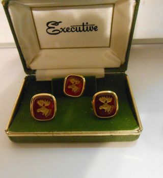 Vintage Loyal Order Of Moose Cuff Link Tie Tack Set Gold Tone W Red Glass