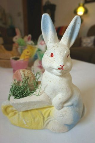 Vintage Pulp Paper Mache Easter Bunny Rabbit Candy Container 10 " Blue Yellow