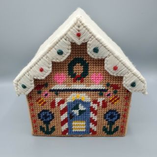 Vtg Plastic Canvas Needlepoint Finished Gingerbread House Fabric Lined Box