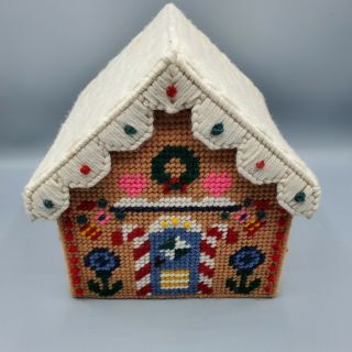 VTG Plastic Canvas Needlepoint Finished Gingerbread House Fabric Lined Box 3