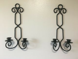 Pair Vintage Homco Home Interior Black Metal Twisted Rope 2 Candle Wall Sconces