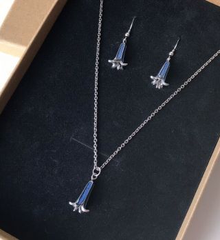 Vintage 925 Solid Silver & Enamel Bluebell Necklace & Dangly Earrings Set