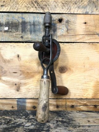 Vintage Red Wheel Steel Wooden Handle Hand Crank Drill