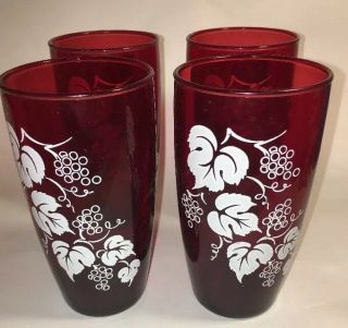 Set Of 4 Vintage Ruby Red Drinking Glasses White Grapes Leaves 12 Oz