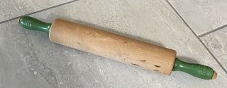 Vintage Wooden Rolling Pin - Green Painted Handles: Primitive Wood 17”