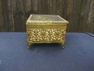 Vintage 4 Footed Brass Trinket /jewelry Box Glass Top