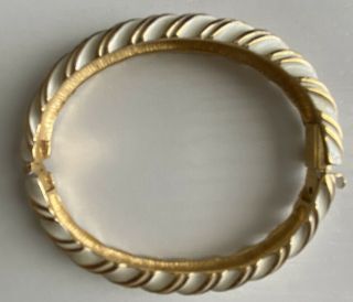 Vintage Crown Trifari Gold Tone Bracelet White Enamel Hinged Bangle Signed
