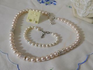 Vintage White Faux Pearl Crystal Necklace,  Bracelet,  Earrings Power Set 23