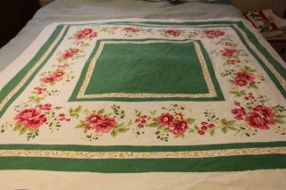 Vintage Cotton Tablecloth Green And White W/ Red And Pink Flowers 51x51 Cutter