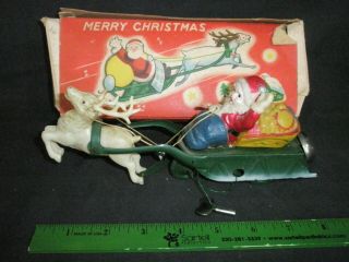 Vintage 1950`s Tin & Celluloid Wind - Up Santa Claus On Sled Toy W/box,